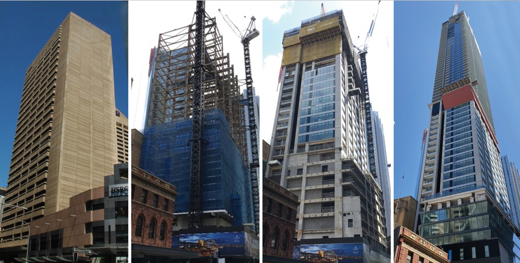 From left: 1) The original office tower built in the 1960s pictured here in 2014 with its façade of predominantly reinforced precast panels that were not retained; 2) The retained primary steel frame can be seen in 2018 as demolition of the façade cladding and floor slabs continues down the tower; 3) The new tower construction is complete up to the top level of the original building in 2019, with retained steel fully incorporated into the new structure; 4) In 2020, the all-but-completed tower rises 67 levels above Bathurst Street in Sydney