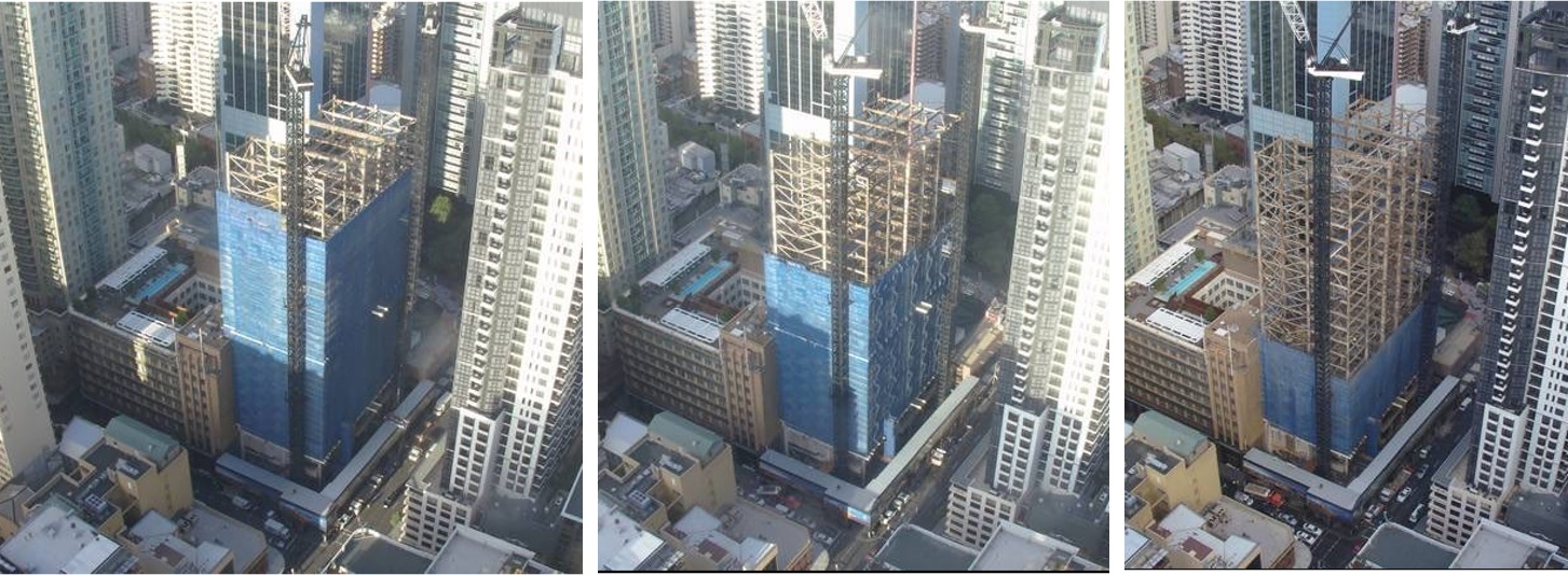 Photographs taken over 2017 and 2018 show the retained primary steel frame being exposed to view as demolition of the façade cladding and floor slabs proceeded along with removal of demolition scaffolding. Twenty-eight levels of original structural steel frame were retained