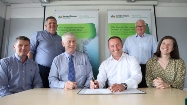 Left to right: Michael Danaher, Iarnród Éireann’s head of programmes and projects; Iarnród Éireann, ECRIPP programme manager; Éamonn Ballance, Iarnród Éireann’s director of infrastructure; Dominic Lynch, Jacobs vice president of buildings and infrastructure in Ireland; Joe Magee, Jacobs Project Manager; and Tamara Vazquez, national transport authority’s heavy rail programme manager (Jacobs)