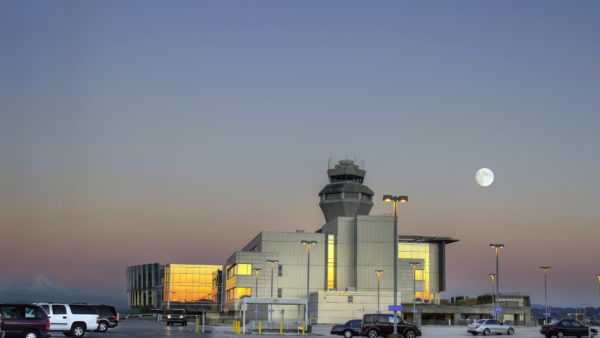An air traffic control tower at Portland International Airport