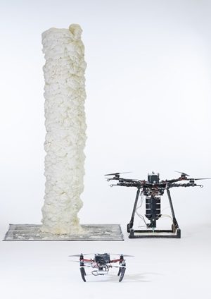 A BuilDrone and a ScanDrone built this 2m-high tower of fast-curing foam (University College London/BRE)