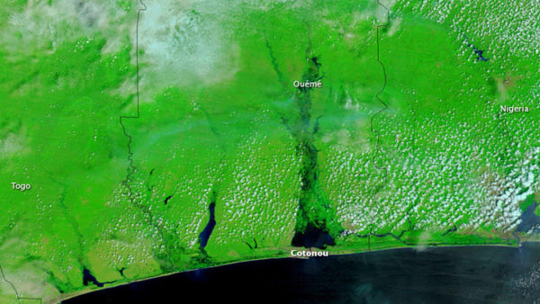 A Nasa satellite image shows the disastrous overflowing of the Ouémé River in 2010