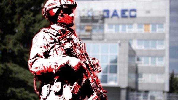 Photoshopped image released by Energoatom depicts a Russian soldier guarding the Zaporizhzhya Nuclear Power Plant in Ukraine. The ZNPP has been occupied by Russian forces since March but is still run by Ukrainian staff (Energoatom)