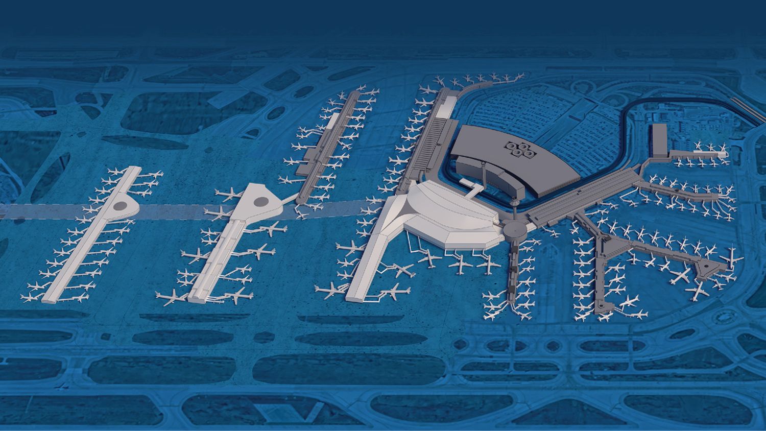 Preliminary render of new facilities (light coloured) planned for O’Hare International Airport, including two new “satellite” concourses and the O’Hare Global Terminal (Chicago Department of Aviation/www.ord21.com)
