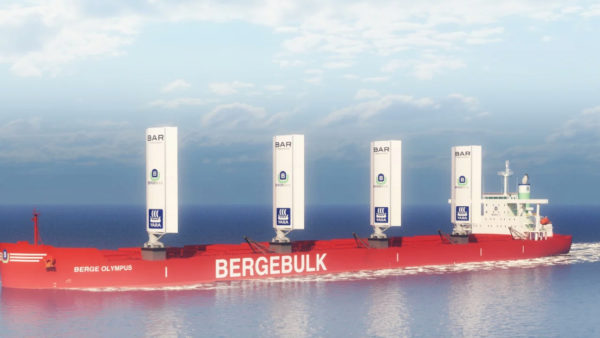 Berge Olympus’ four sails would cut its emissions by 19 tonnes of CO2 a day, companies said (Images courtesy of Bar Technologies and Yara Marine Technologies)