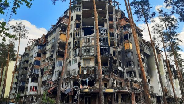 Destroyed apartment building in Irpin, Ukraine. Our report on the EU’s threats to seize $300bn in Russian assets to rebuild Ukraine was the most read in 2022 (Rasal Hague/CC BY-SA 4.0)