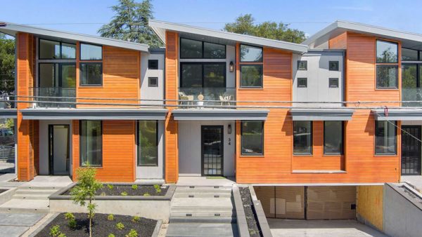 The company’s portfolio includes these four luxury townhouses at an urban infill site in Los Gatos, California, designed by architect Metro Design Group and installed in just three days (Courtesy of Plant Prefab)