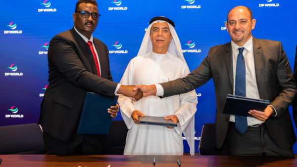 Left to right, Ahmed Yaasiin Saalah, Puntland’s minister of ports, Suhail Albanna, DP World’s managing director for the Middle East and Africa, and Nabil Milad Abou Rjaili, general manager of Mar Marine (DP World)