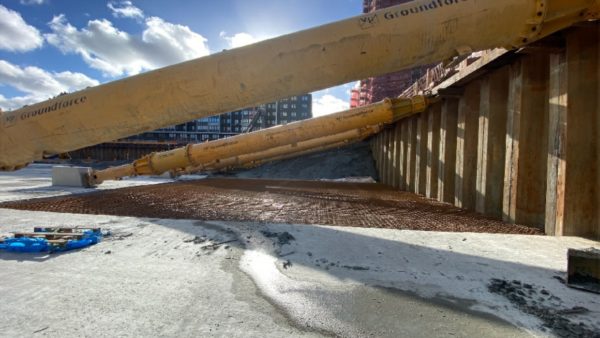 Gothenburg’s clay soil is notoriously challenging, so instead of opting for a bespoke, fabricated-steel shoring structure, the developer opted for ground-anchored props that could be moved around to hold up the walls of the excavation while permanent retaining walls were built (Courtesy of Groundforce)