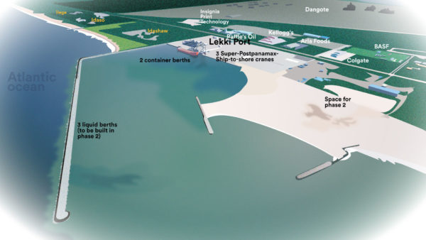 A diagram of Lekki Port showing free trade zone and phase two developments (FrankvEck CC BY-SA 4.0)