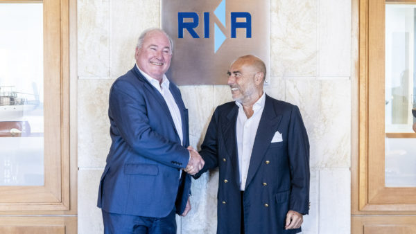 Ugo Salerno (right), Rina’s chairman, shakes on the deal with Daniel Dietzler (left), Patrick Engineering’s founder