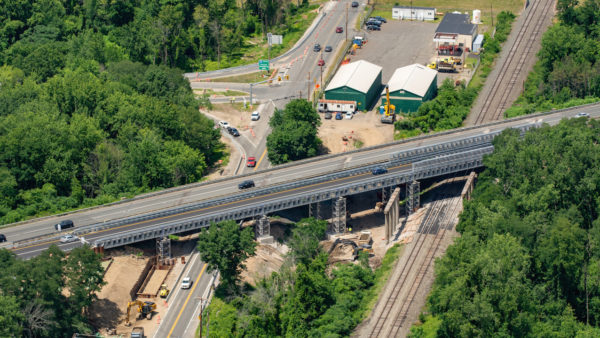 J.F. White Contracting is replacing four functionally obsolete bridges built in the 1960s. Acrow’s 500-foot-long detour bridge is seen here crossing over Route 5 and a railway (Courtesy of Acrow)