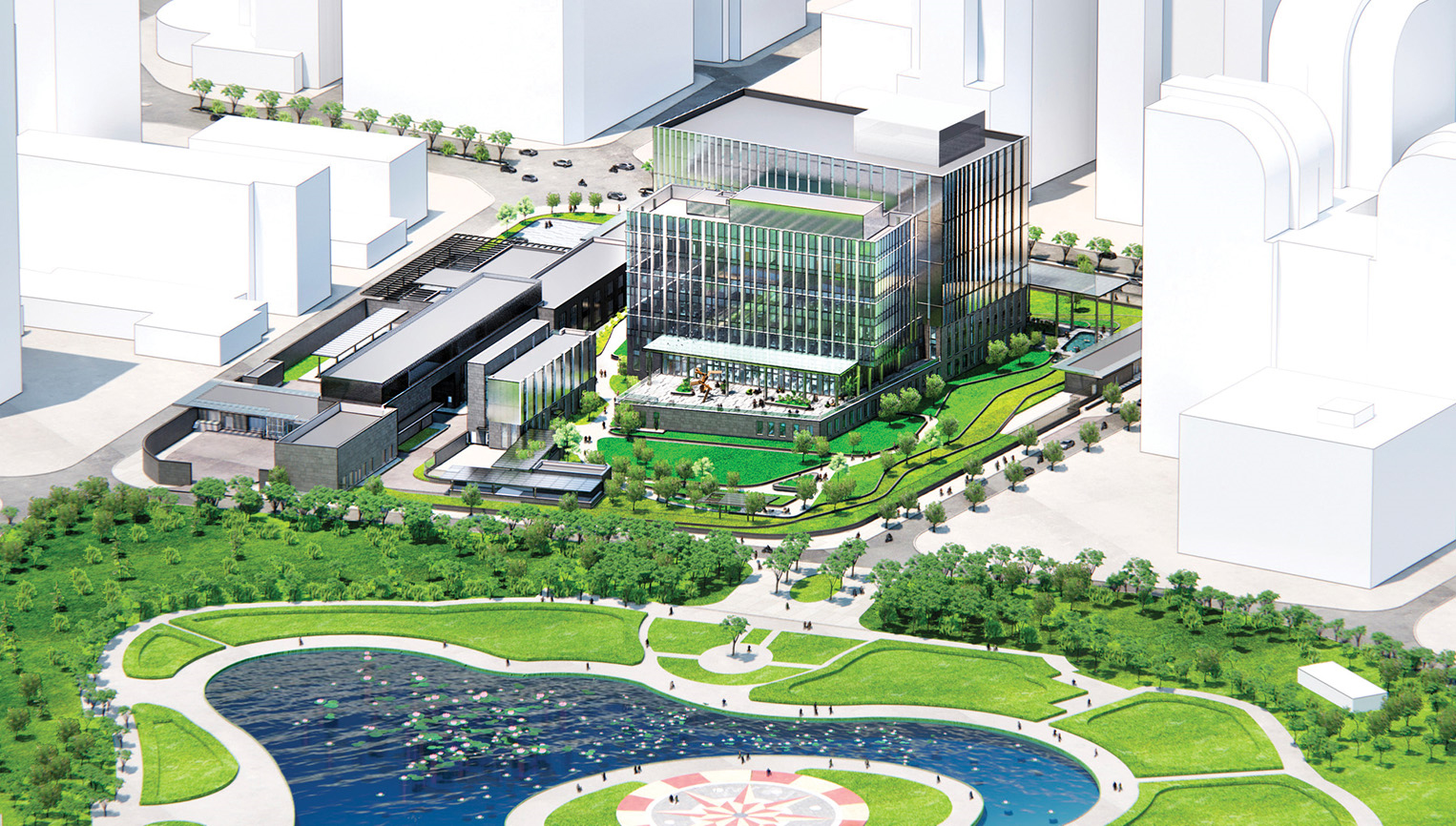 EYP’s rendering of the New Embassy Campus showing its relation with Cau Giay Park