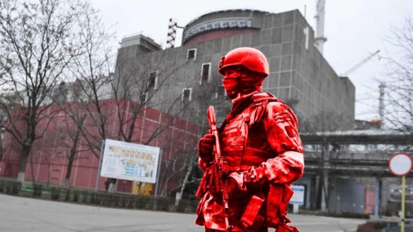 Photoshopped image released by Energoatom depicts a Russian soldier guarding the Zaporizhzhya Nuclear Power Plant in Ukraine. The ZNPP has been occupied by Russian forces since March but is still run by Ukrainian staff (Energoatom)