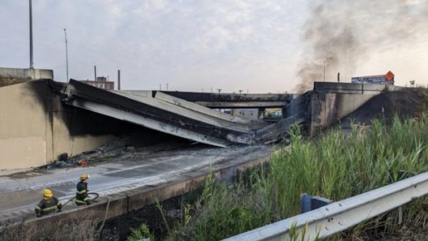 The northbound bridge carrying the I-95 came down in the morning of 11 June after a tanker carrying gasoline crashed and erupted in flames underneath, killing the 53-year-old driver (City of Philadelphia)