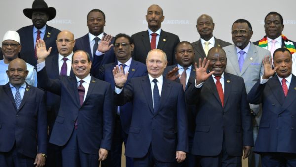 President Museveni to the left of Vladimir Putin at the 2019 Russia–Africa summit. (Kremlin/CC BY-SA 4.0)