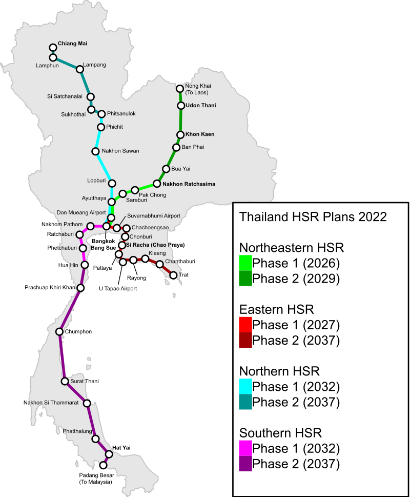 Thailand’s planned high-speed network, with a slightly inaccurate date for the completion of the first phase of the northeastern leg (Abs616/CC BY-SA 4.0)