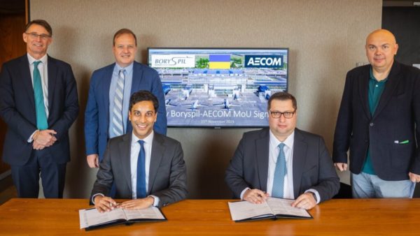 From left, Crawford Burden, Aecom’s managing director of European aviation; Karl Jensen, executive vice president of Aecom’s national governments practice; Manav Kumar, Aecom senior vice president, deputy general counsel and global head of public affairs; Oleksiy Dubrevskyy, chief executive of Boryspil International Airport; and Volodymyr Shadrin, director of construction for Boryspil (Photograph courtesy of Aecom)