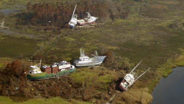 Fishing boats were blown ashore by Katrina in Alabama (Public Domain)