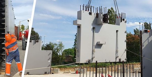 Peikko’s image of a steel–concrete panel being lowered into position on the pilot project, near the forest of Fontainebleau