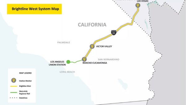 Electric trains running at up to 200mph are expected to cut the 218-mile journey between greater Los Angeles and Las Vegas from more than four hours by car to two hours by rail (Map courtesy of Brightline West)